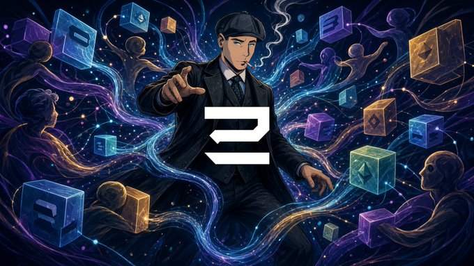 A stylized digital illustration of a man in a suit and cap surrounded by floating glowing cubes with cryptocurrency logos and ethereal purple-blue energy streams, with a large stylized 'Z' symbol in the center.