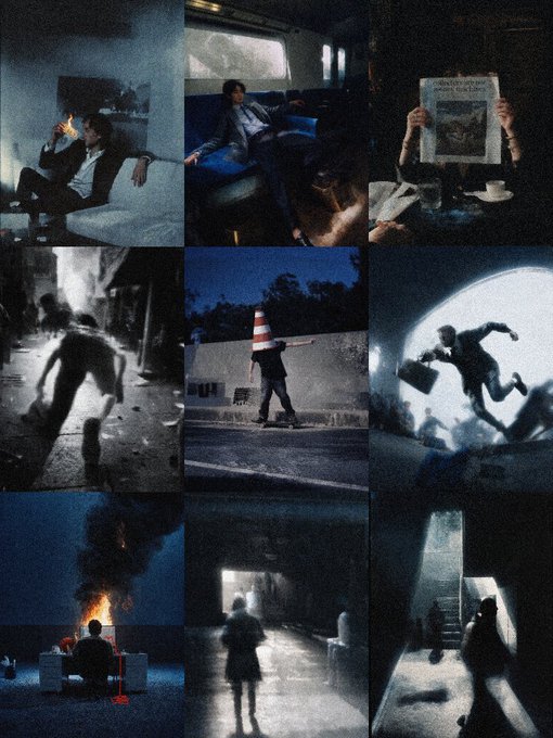A collage of nine cinematic, grainy photographs depicting various atmospheric scenes: a person smoking on a couch, a train interior, someone reading a newspaper, figures running, a person with a traffic cone, a man leaping with a briefcase against the moon, a burning room, and shadowy figures in hallways.