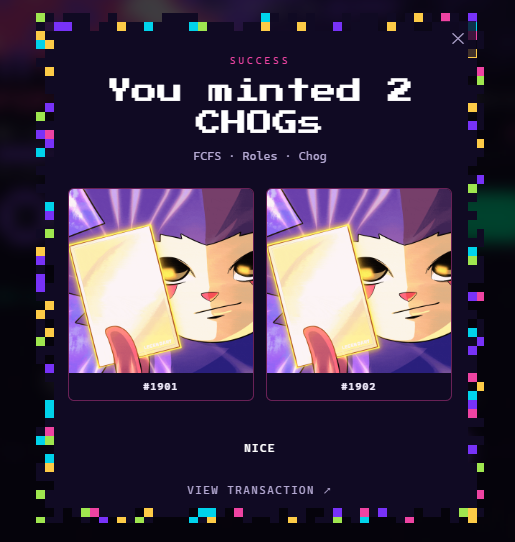 A mobile app screen showing a 'SUCCESS' notification 'You minted 2 CHOGs' with two pixel-art character cards numbered #1901 and #1902.