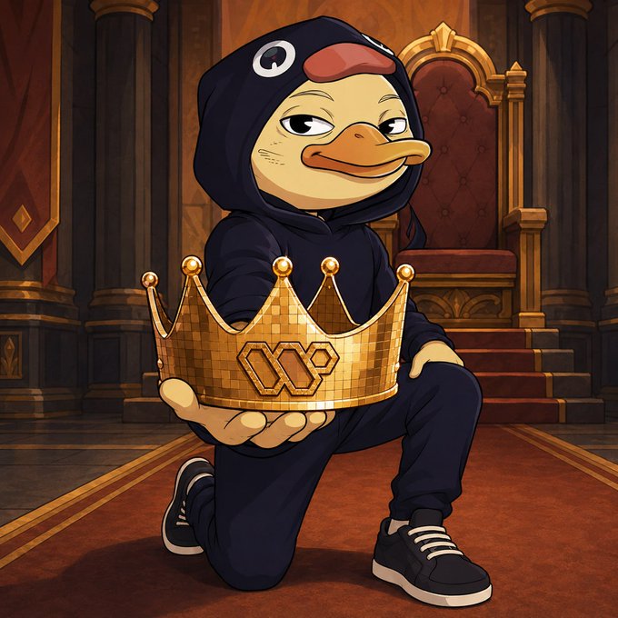 The image features a cartoon duck wearing a black hoodie, holding a gold crown with "@wallchain" written on it. The caption reads, "I believe that one of the key advantages a person can cultivate within @wallchain is the establishment of a reputation for dependable value". This means that the cartoon duck is promoting the idea of building a strong and reliable brand or business in the digital world.