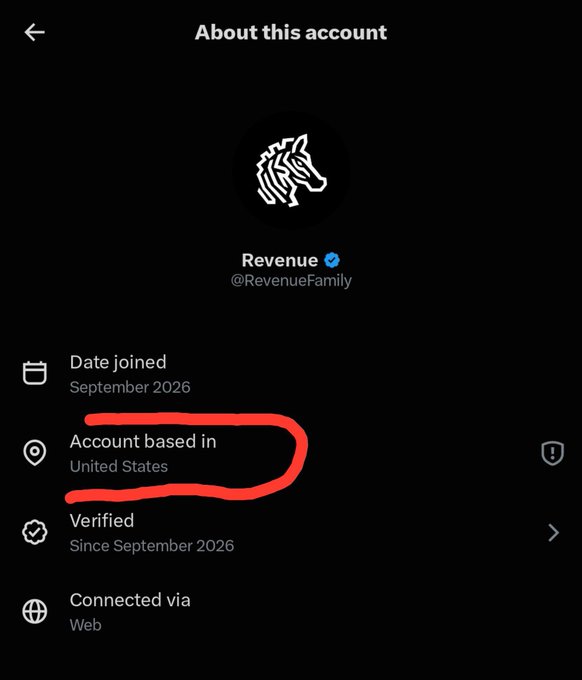 A screenshot of an "About this account" page for the verified X (formerly Twitter) account "Revenue" (@RevenueFamily), with a red hand-drawn circle highlighting that the account is "Based in United States" and joined in "September 2026."