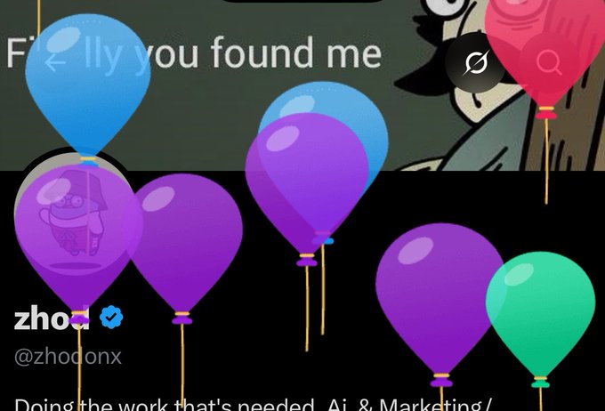 The image features a social media profile for "zhod" (@zhodonx) with a banner reading "Finally you found me" and colorful balloons (blue, purple, red, green) with a cartoon character, fitting the birthday celebration theme mentioned in the post about whitelist giveaways.