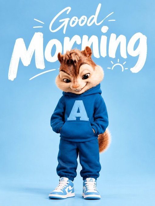 A graphic features a chipmunk character, Mr. Chips/Alvin from Alvin and the Chipmunks, wearing a blue "A" hoodie and sneakers, standing below the text "Good Morning."