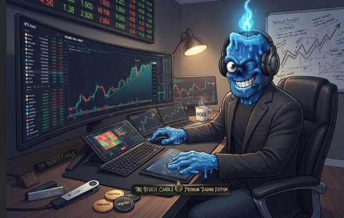 A cartoon illustration of a blue flame-headed character wearing a suit and headphones trades cryptocurrency at a multi-monitor setup displaying charts and order books.