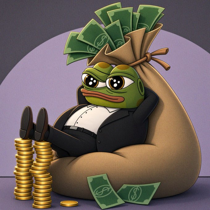 A cartoon frog wearing a tuxedo relaxes on a beanbag chair, leaning against a sack overflowing with dollar bills, with stacks of gold coins beside it.