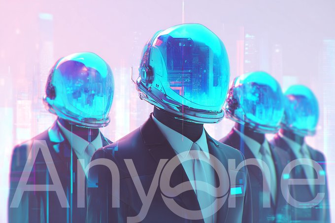 A stylized digital illustration shows four humanlike figures in black suits and glossy cyan robot helmets, with a translucent cyan city backdrop. Large semi-transparent text across the lower half reads “Anyone.”
