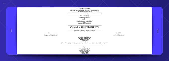 A document from the United States Securities and Exchange Commission (SEC) titled 'CANARY STAKED INJ ETF', showing pre-effective amendment S-1 form 497AD filed on 02/18/26.