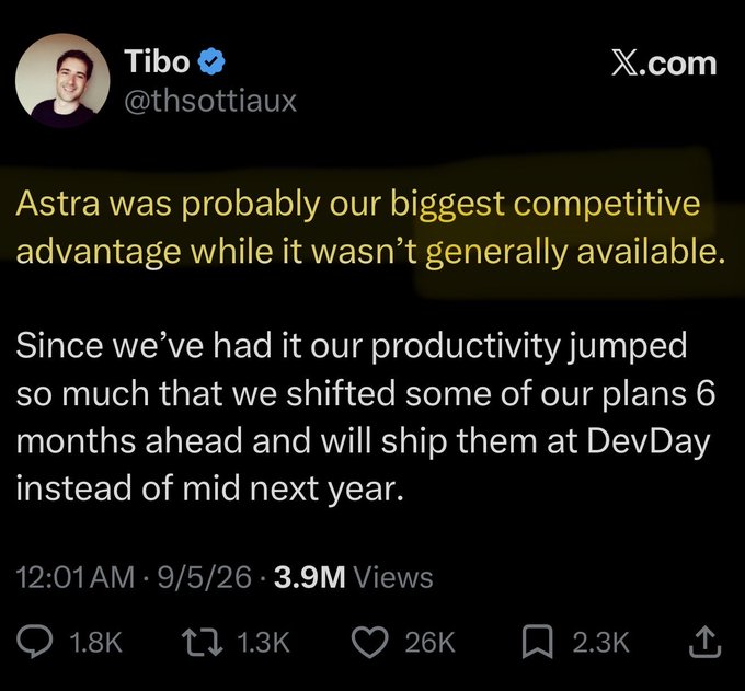 A screenshot of an X.com post by Tibo (@thsottiaux) stating: 'Astra was probably our biggest competitive advantage while it wasn't generally available. Since we've had it our productivity jumped so much that we shifted some of our plans 6 months ahead and will ship them at DevDay instead of mid next year.'