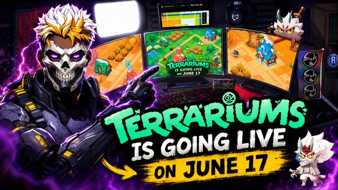 The image features a poster for a video game called "TerraRariums". The poster showcases a character from the game standing next to a computer monitor, with a keyboard and mouse nearby. The text on the poster announces that the game is going live on June 17th, and it mentions that Axies are finally coming home years ago.

The image also includes two small characters related to the game: one representing Axie Infinity and another symbolizing the concept of "land". These characters add a playful touch to the overall design of the poster.