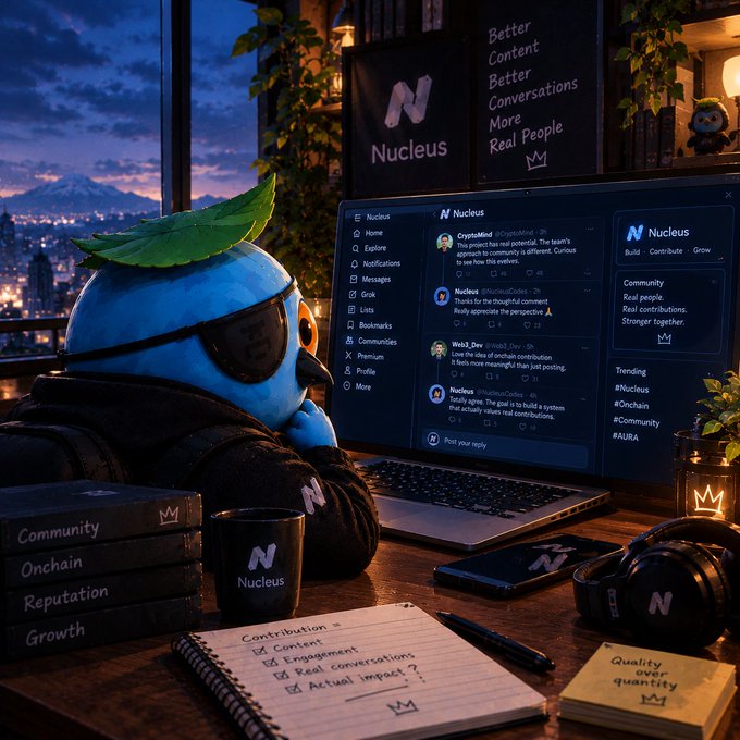 A stylized digital illustration shows a blue bird character at a desk using a laptop, surrounded by "Nucleus" branded merchandise, notebooks listing "Contribution" metrics, and a sign reading "Better Content Better Conversations More Real People".