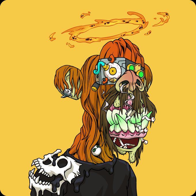 An illustration of a grotesque, stylized zombie-like character with orange hair, cybernetic eye, flaming halo, and skull shoulder piece on a yellow background.