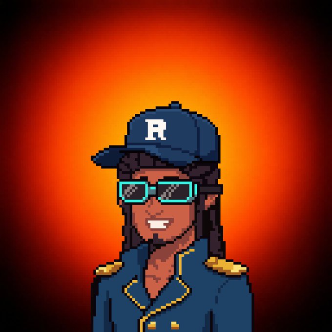 A pixel art illustration of a smiling person with dark skin and braided hair, wearing teal sunglasses, a blue cap with the letter 'R', and a blue uniform with gold accents, set against an orange gradient background.