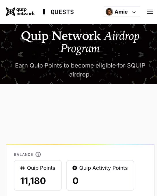A screenshot of the Quip Network Airdrop Program webpage showing a balance of 11,180 Quip Points and 0 Quip Activity Points, with navigation for 'QUESTS' and a user profile named 'Amie'.