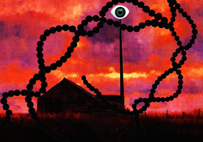 The image features a painting of an eye surrounded by black lines, giving the impression that the eye is floating or hanging from a string. The background of the painting depicts a sunset with orange clouds against a purple sky. The painting is titled "Chaotic World" and has been shared on social media platforms like Twitter and Instagram.