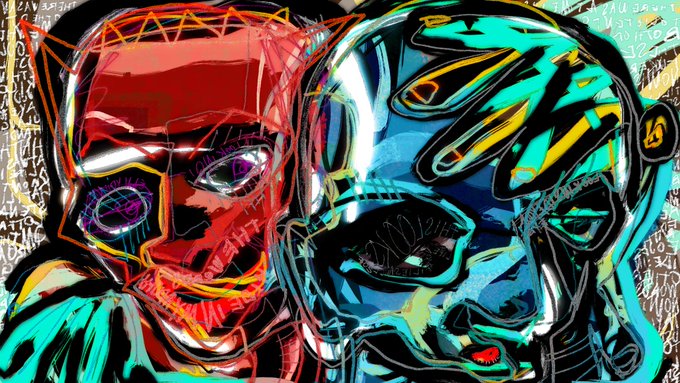 A colorful, graffiti-style digital artwork featuring two distorted faces—one red and one teal—overlaid with abstract lines and handwritten text.