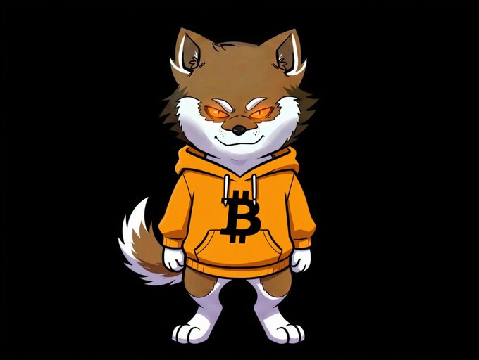 A cartoon fox mascot wearing an orange hoodie featuring the Bitcoin 'B' symbol, standing against a black background.