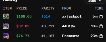 A digital marketplace listing displays three items with their item names, prices (e.g., $166.65), rarity, and sellers.