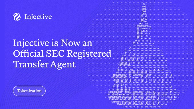 The image is a purple Injective-branded graphic announcing "Injective is Now an Official SEC Registered Transfer Agent," tagged with "Tokenization" and featuring binary code art in the shape of the U.S. Capitol building, visually reinforcing the post's claim about Injective becoming the first layer-1 blockchain to receive SEC transfer agent registration and its significance for institutional adoption.