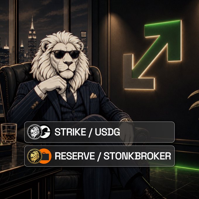 A lion in a pinstripe suit and sunglasses sits in a high-rise office with a glowing green upward arrow, overlaid with buttons reading "STRIKE / USDG" and "RESERVE / STONKBROKER," visually conveying the launch of the OakmontVault's new features.