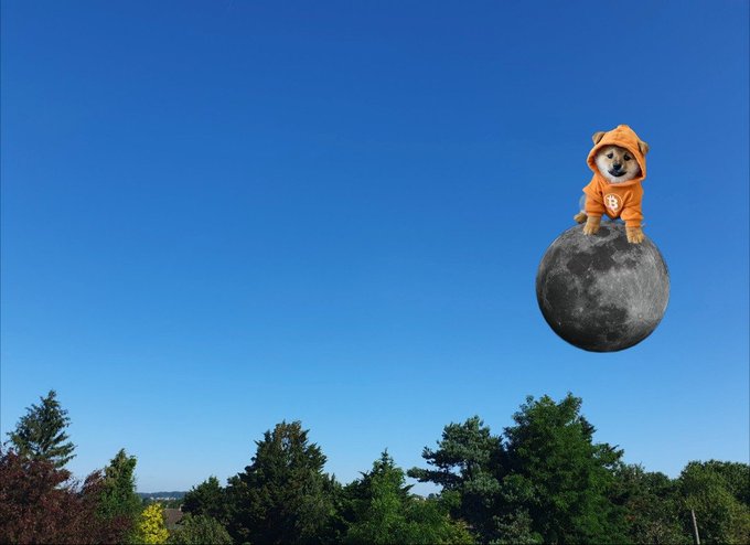 A surreal image of a small dog wearing an orange hoodie sitting on top of the moon, hovering above a landscape of trees against a blue sky.