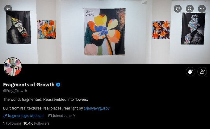 A Twitter/X profile for 'Fragments of Growth' (@Frag_Growth) showcasing flower-themed artwork by @jenyavyguzov, with 10.4K followers.