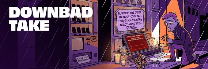 An animated illustration depicting a somber figure at a vending machine with text 'DOWNBAD TAKE' and a sign reading 'BUILDERS ARE QUIET, FOUNDER 'LOOKING', Early Stage Volatility, NEGOTIATING WITH DENIAL.'