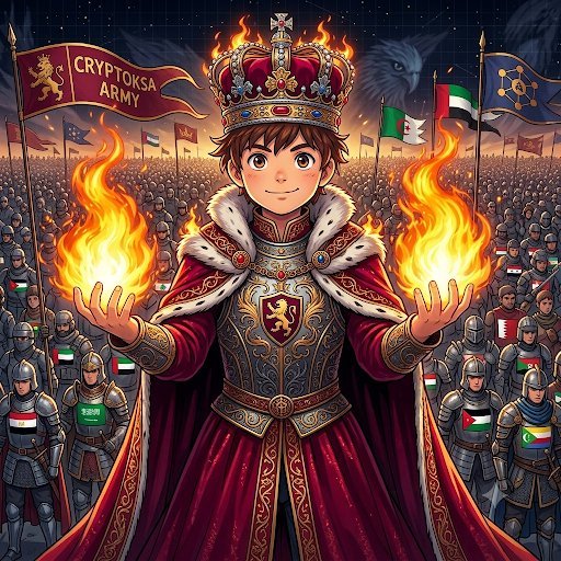 A crowned anime-style king stands triumphantly before his "CRYPTOKSA ARMY," conjuring flames from his hands as armored soldiers wave flags in the background. The image visually amplifies the post's boast of multiplying currencies, portraying the poster as a royal figure commanding a vast, loyal army with the power to multiply wealth at will.