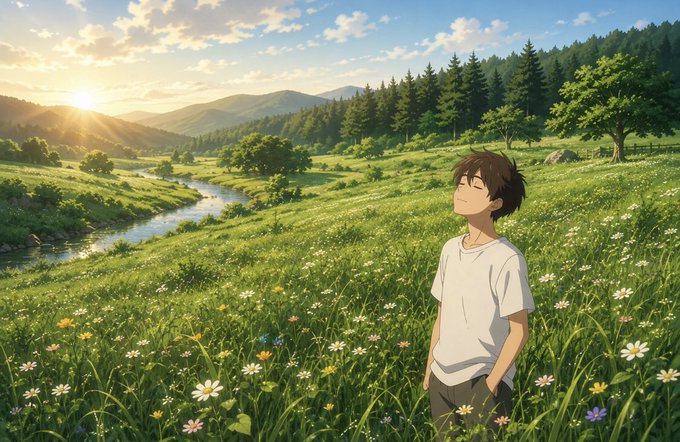 An anime-style illustration depicts a young boy with brown hair smiling peacefully as he stands in a vibrant green meadow filled with wildflowers, with a winding river and forested hills under a sunset sky.