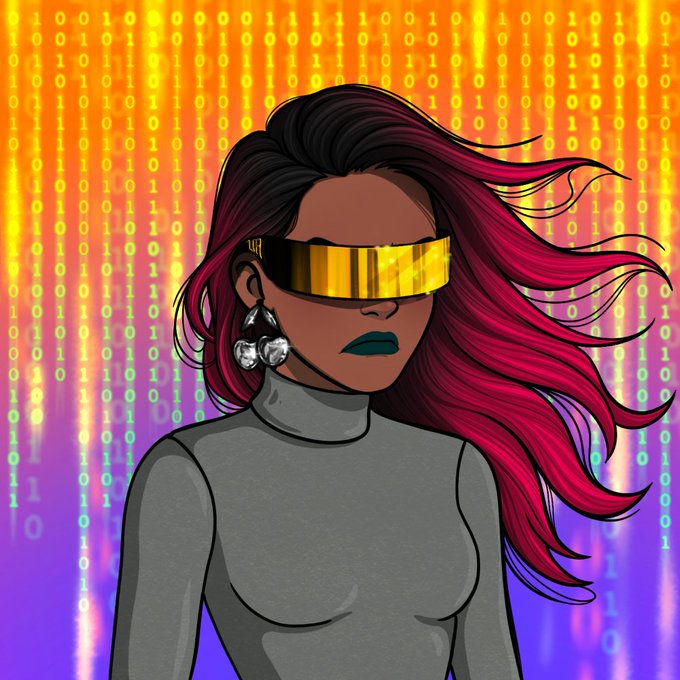 A digital illustration depicts a woman with flowing magenta hair wearing futuristic gold visor sunglasses, set against a vibrant background of falling green binary code.
