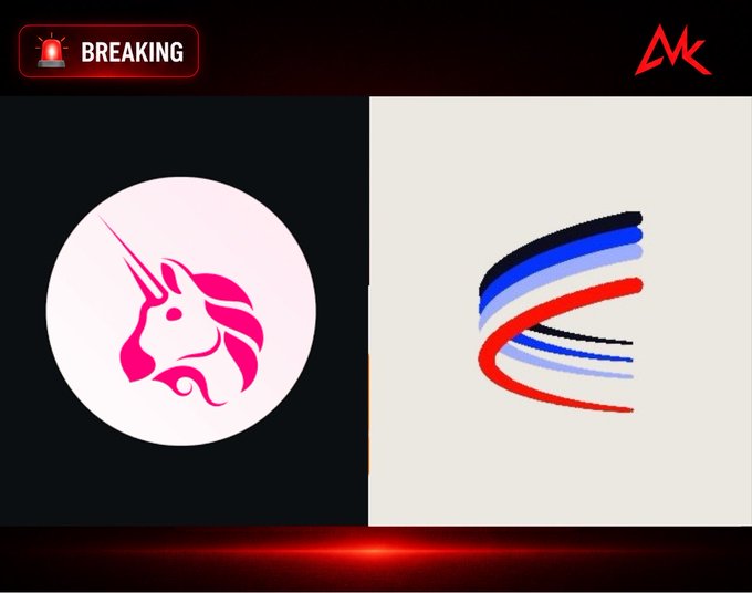 A 'BREAKING' news graphic displays the pink unicorn logo of Uniswap on the left and a stylized red, white, and blue flag or logo on the right, with a red 'MK' logo in the top right corner.