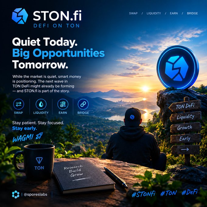 A promotional banner for 'STON.fi DEFI ON TON' with the tagline 'Quiet Today. Big Opportunities Tomorrow.', featuring a person overlooking a valley at sunset alongside icons for Swap, Liquidity, Earn, and Bridge.