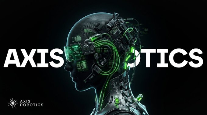 A futuristic robotic humanoid profile in green neon against a black background, overlaid with the bold white text "AXIS [head] TICS" (with the robot's head replacing the "R"), and the "AXIS ROBOTICS" logo in the bottom left corner—visually reinforcing the post's discussion of Axis Robotics' progress through Epoch 2 and its AI-driven real-world trajectory data.