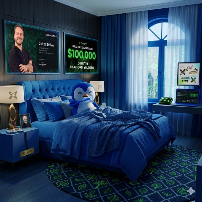 A plush penguin sits atop a luxurious blue bed in a high-tech room, surrounded by screens displaying "$100,000 Creator Leaderboard," "Colton Dillon," and trading dashboards, visually reinforcing the post's celebration of AI project milestones and creator earnings within the crypto ecosystem.
