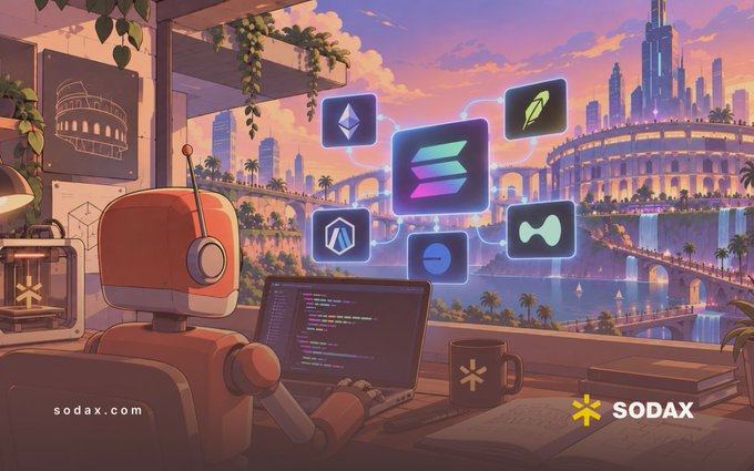 An anime-style illustration showing a red robot sitting at a desk coding on a laptop, with holographic crypto icons (Ethereum, Solana, etc.) floating above, and the text 'sodax.com' and the 'SODAX' logo visible.