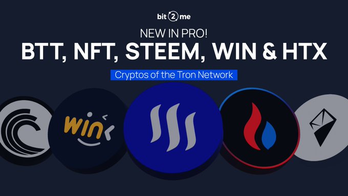 Bit2Me promotional graphic announcing new Tron Network cryptos added to Pro: BTT, NFT, STEEM, WIN, and HTX, displayed with their respective logos.