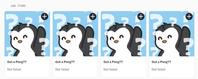 The image shows a series of four penguin images, each with a question posed about them. The first penguin has its head tilted back, while the other three have their heads turned forward. The questions ask if the penguins are "got a Pong?" and if they are not listed on the post. The post is titled "Vault secured GTD in 15 mins opensea.io/collection/eth 1 per wallet".