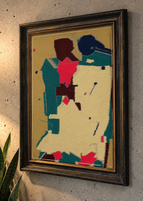 A framed abstract painting hung on a textured concrete wall, featuring blocks and brushstrokes of cream, teal, magenta, dark red, and black, with a snake plant visible at the bottom left.