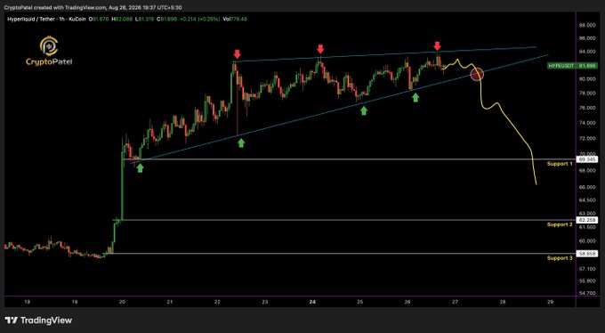A TradingView chart by CryptoPatel shows HYPEUSDT on the 1-hour timeframe with a price of $81.675 (low 81.599, close 81.995, +0.26%, Vol 278.68), featuring ascending trendline support, resistance markers, and a projected yellow price path indicating a potential breakdown toward the labeled Support 1 ($69.258) and Support 2 ($62.501) levels, reinforcing the post's bearish thesis.
