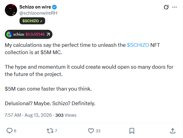 A Twitter/X post from verified account @schizoonwireRH about the $SCHIZO NFT collection, stating 'My calculations say the perfect time to unleash the $SCHIZO NFT collection is at $5M MC' and self-deprecatingly adding 'Delusional? Maybe. Schizo? Definitely.' dated 7:57 AM Aug 13, 2026.