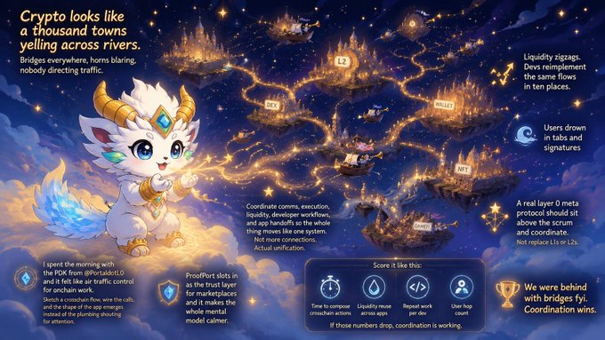 A fantasy-style crypto infographic with a cartoon creature comparing Proof of Work to Layer 0/L2, discussing liquidity and coordination metaphors.