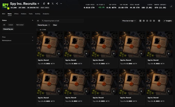 A screenshot of the SPY Inc. Recruits NFT marketplace on the SPY token page, displaying multiple listed items priced at 0.0009 METH each with a market cap of 19.08 ETH.