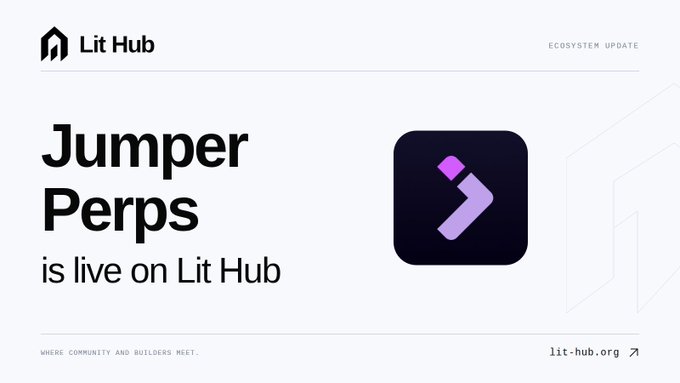 A promotional banner for Lit Hub announcing that 'Jumper Perps is live on Lit Hub,' featuring the purple Jumper logo and the tagline 'WHERE COMMUNITY AND BUILDERS MEET' alongside the URL lit-hub.org.