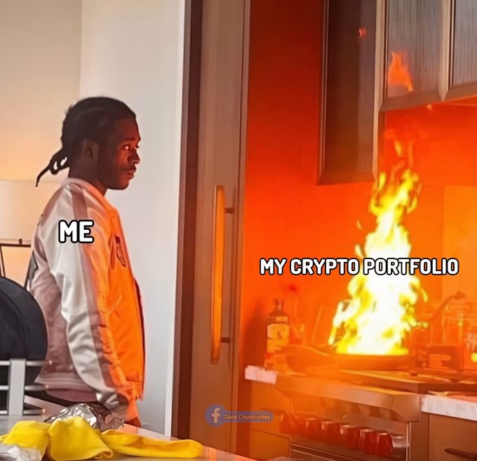 A man calmly watches a massive fire erupt in his kitchen, with text labeling him "ME" and the flames as "MY CRYPTO PORTFOLIO," a humorous meme posted by "Daily Crypto vibes."