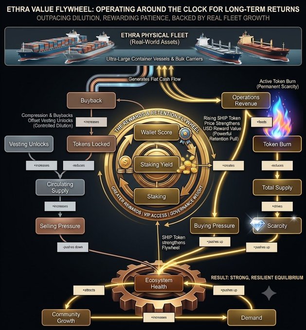 An infographic titled "ETHRA VALUE FLYWHEEL" depicting how a physical fleet of container vessels generates revenue that fuels buybacks, token burns, staking yields, and ecosystem health.