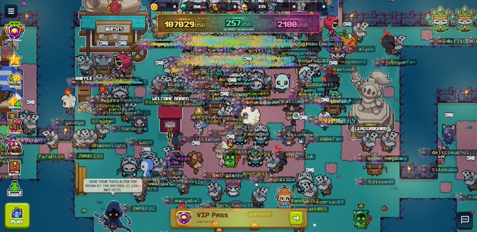 A screenshot of a chaotic multiplayer online game (likely Farmers World) showing numerous player avatars in a barn area with VIP Pass purchase options.