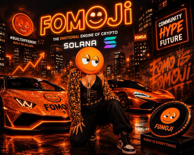 A vibrant orange-themed promotional graphic for "FOMOJI - THE EMOTIONAL ENGINE OF CRYPTO" built on Solana, featuring a character with an emoji head, a Lamborghini, and text like "COMMUNITY HYPE FUTURE" and "EARLY IS EVERYTHING."