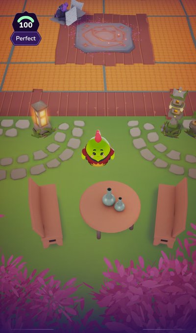 A screenshot from a colorful mobile game showing a small yellow character with a red mohawk standing on a garden patio, having achieved a '100 Perfect' rating.