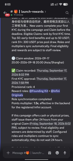 A mobile screenshot from the Discord channel 'launch-rewards' announcing a KYC and Claim campaign for 'Founding Kit' and 'Infini Originals' with a claim window on September 17, 2026, and details on provisional rank and multipliers.