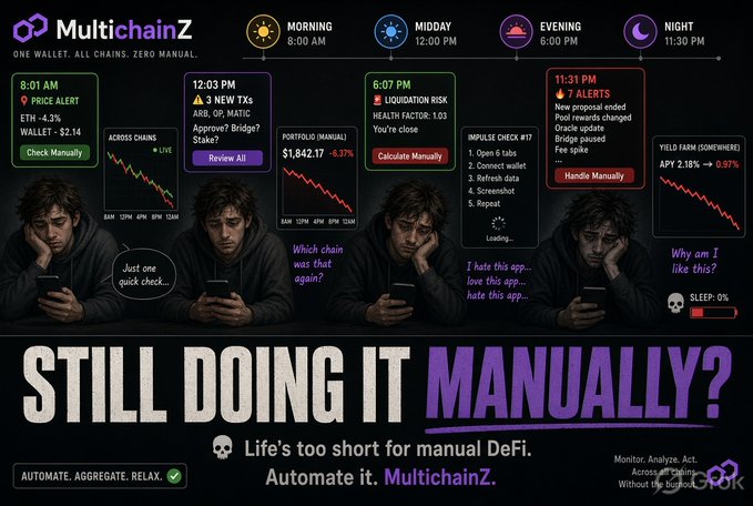 The image is a promotional graphic for "MultichainZ" (tagline: "One Wallet. All Chains. Zero Manual.") depicting a frustrated user at four times of day—8:01 AM with an ETH price alert check, 12:03 PM reviewing Arbitrum transactions, 6:07 PM calculating liquidation risk, and 11:31 PM handling 7 manual DeFi alerts—with charts showing across-chain portfolio down 6.37%, ARB down 2.18%, and a battery at 0%, captioned "Still doing it manually?" and "Automate it. MultichainZ." It visually mirrors the post's "DeFi reality check" by illustrating the exhausting cycle of manual rebalancing, health factor checks, and repetitive tasks that the MultichainZ agent claims to automate.