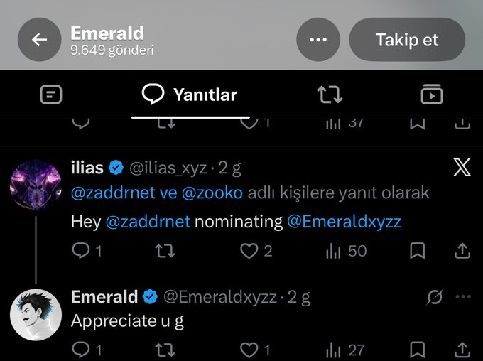 A screenshot of X (formerly Twitter) showing a thread on user 'Emerald's' profile where @ilias_xyz nominates @zaddrnet and @zooko, and Emerald replies 'Appreciate u g.'